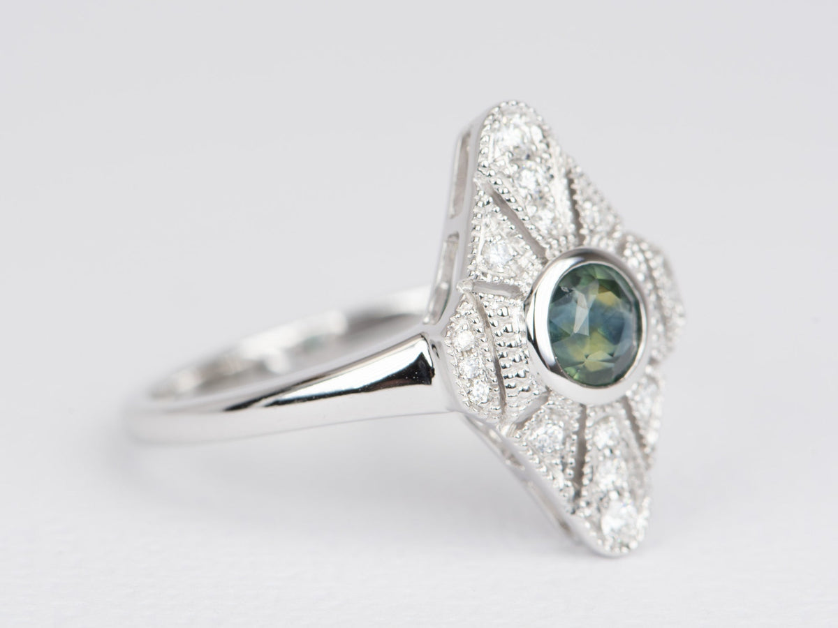 Intense Teal Green Montana Sapphire with Diamond Milgrain Halo 14K White Gold Engagement Ring R6511 Aurora Designer
