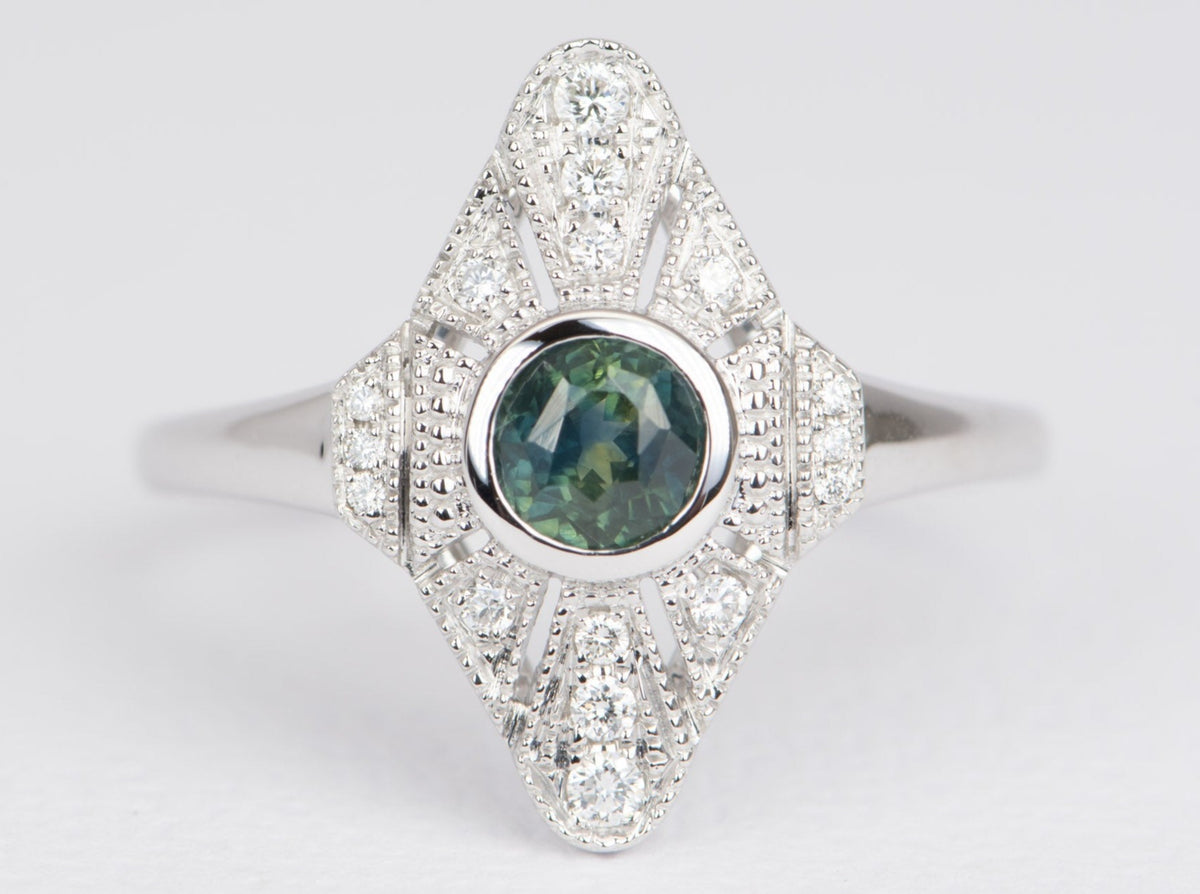 Intense Teal Green Montana Sapphire with Diamond Milgrain Halo 14K White Gold Engagement Ring R6511 Aurora Designer