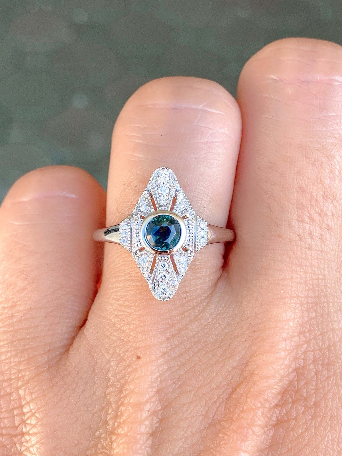 Intense Teal Green Montana Sapphire with Diamond Milgrain Halo 14K White Gold Engagement Ring R6511 Aurora Designer
