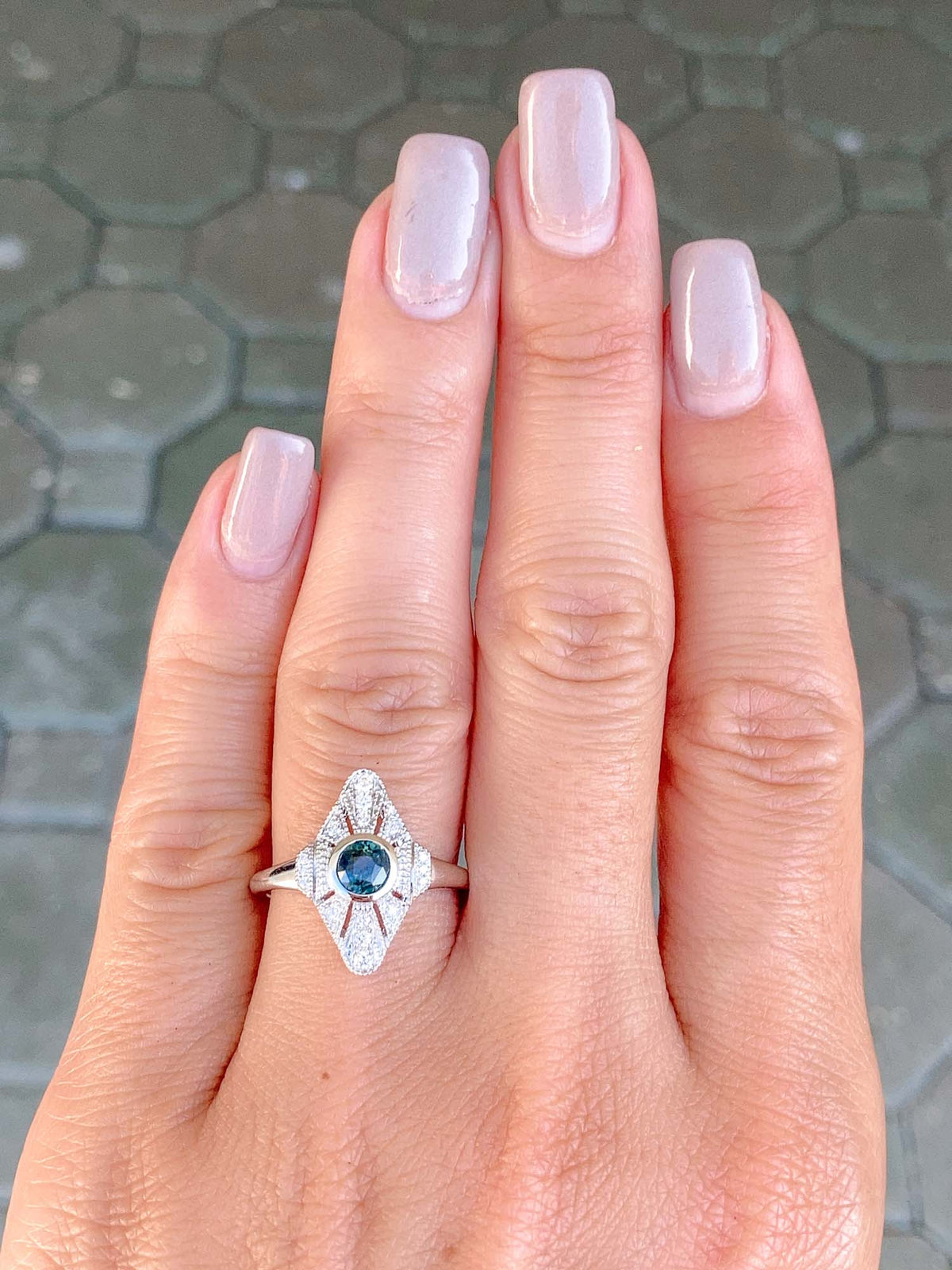 Intense Teal Green Montana Sapphire with Diamond Milgrain Halo 14K White Gold Engagement Ring R6511 Aurora Designer