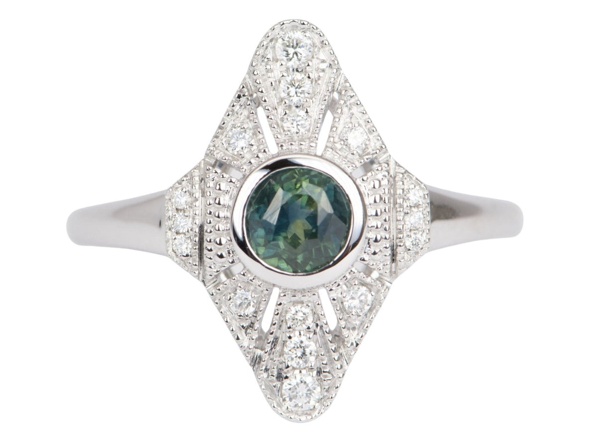 Intense Teal Green Montana Sapphire with Diamond Milgrain Halo 14K White Gold Engagement Ring R6511 Aurora Designer