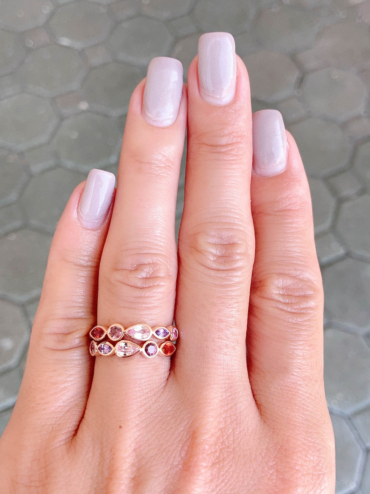 Mixed Shape Padparadscha Pink Color Sapphire Bezel Set Wedding Band 14K Rose Gold R6516 Aurora Designer