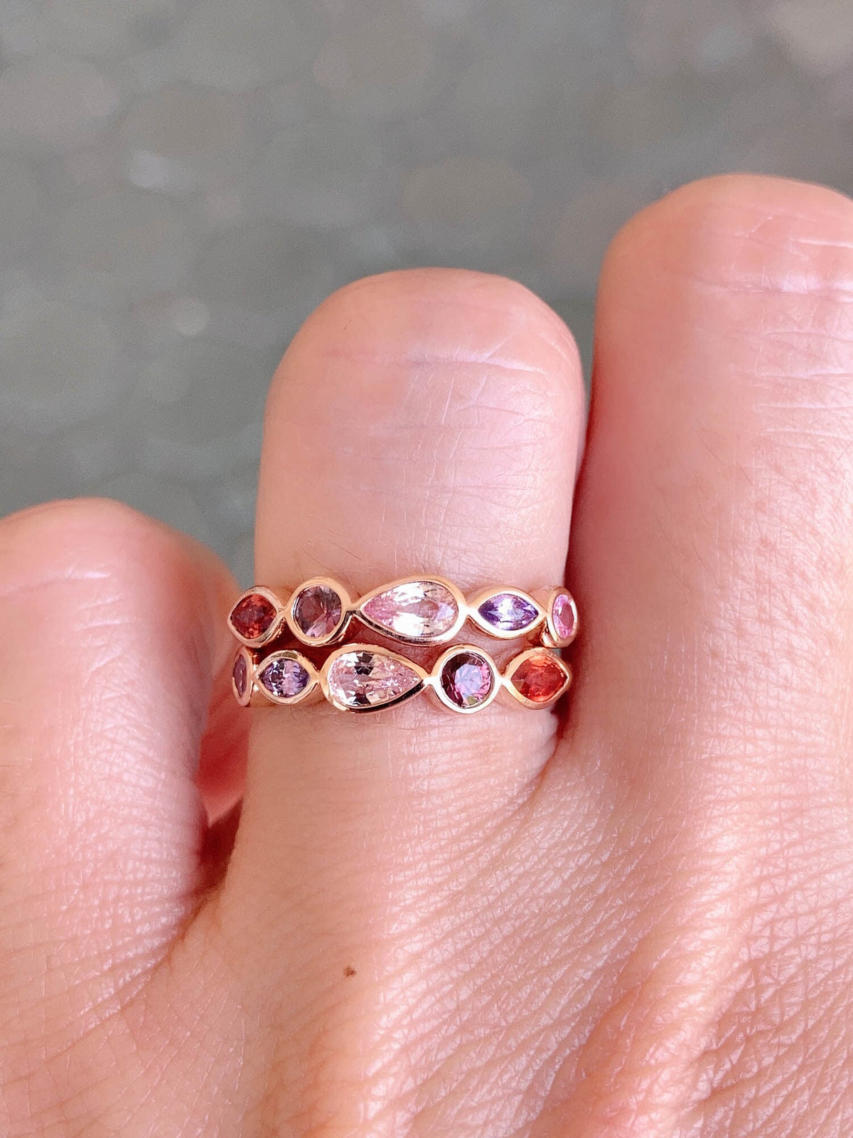 Mixed Shape Padparadscha Pink Color Sapphire Bezel Set Wedding Band 14K Rose Gold R6516 Aurora Designer