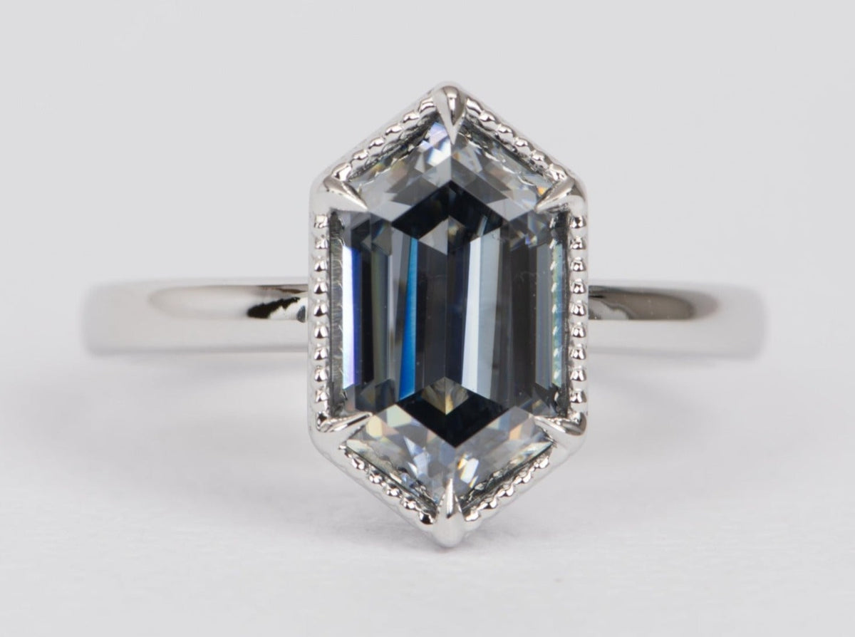 2.89ct Hexagon Gray Moissanite Solitaire Engagement Ring 14K White Gold R6520 Aurora Designer
