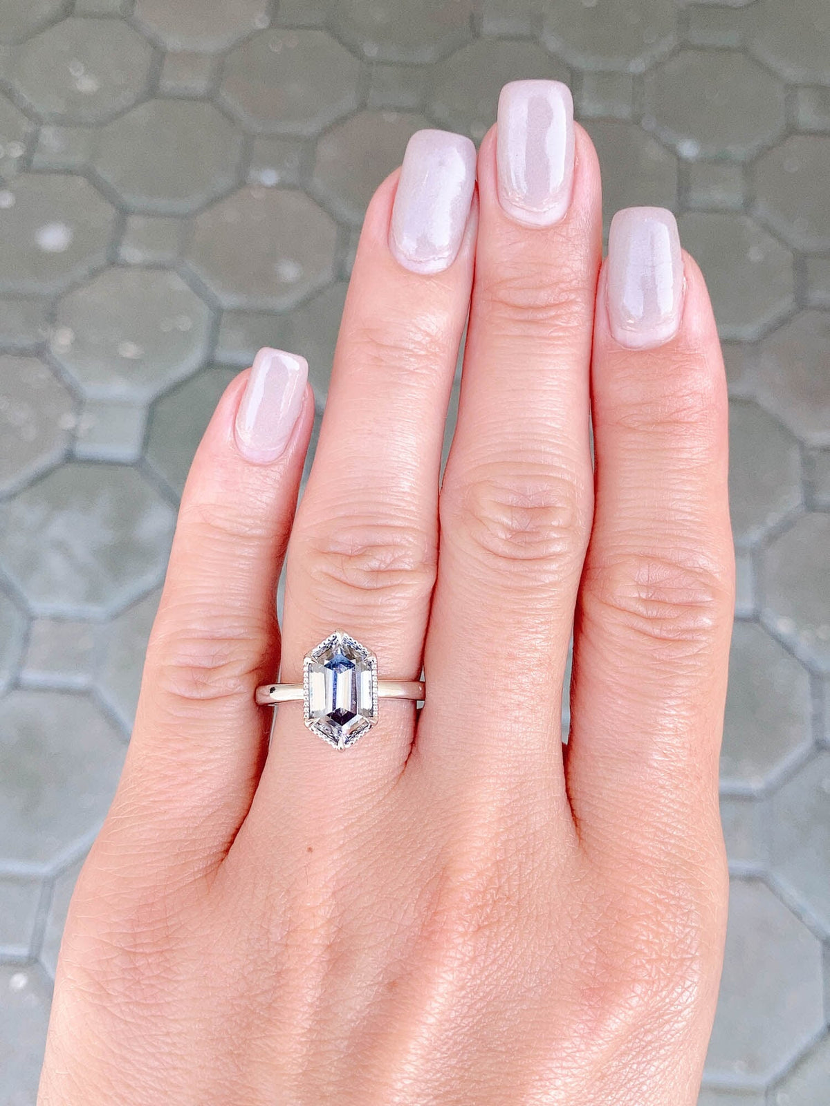 2.89ct Hexagon Gray Moissanite Solitaire Engagement Ring 14K White Gold R6520 Aurora Designer