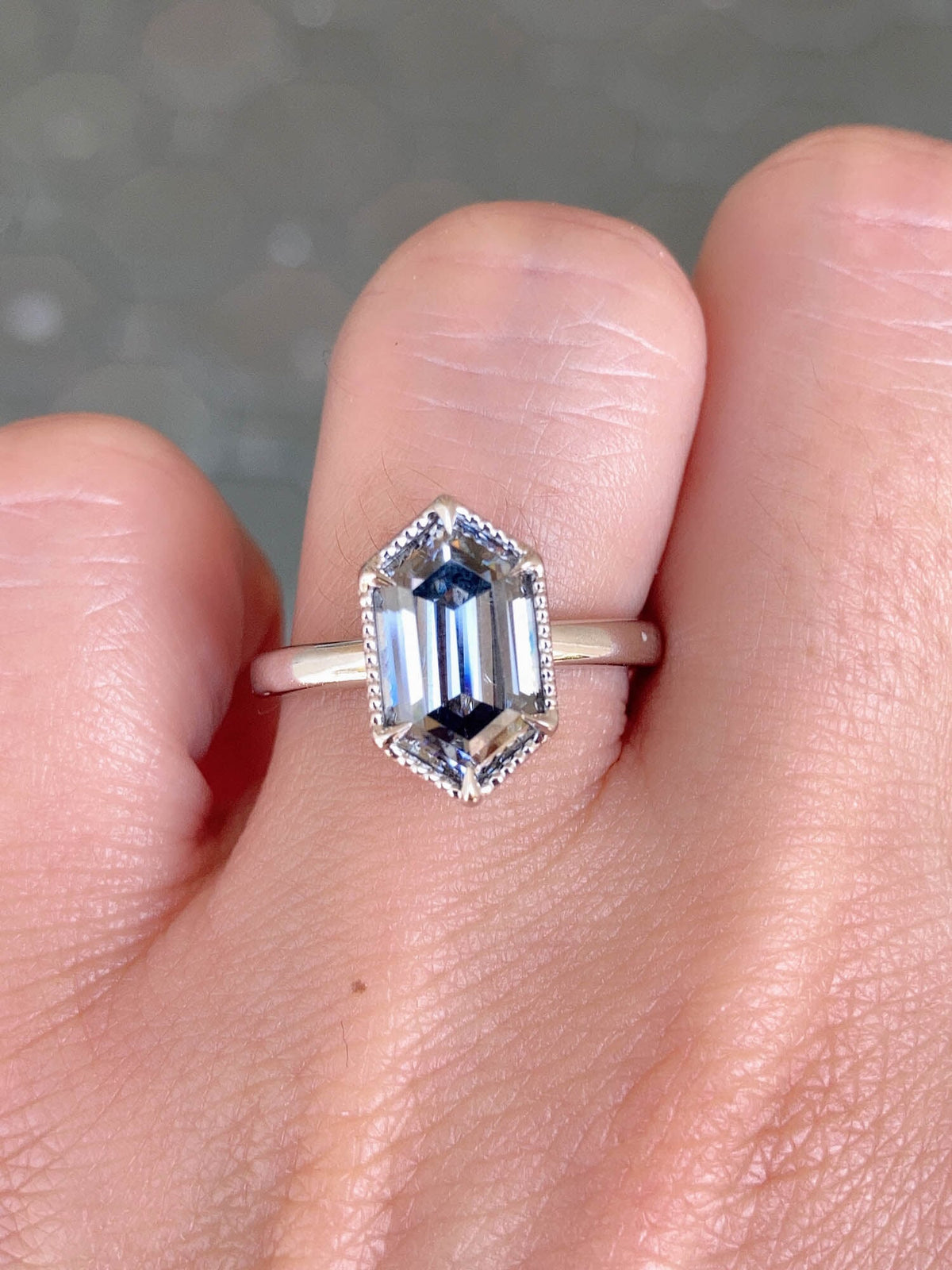 2.89ct Hexagon Gray Moissanite Solitaire Engagement Ring 14K White Gold R6520 Aurora Designer