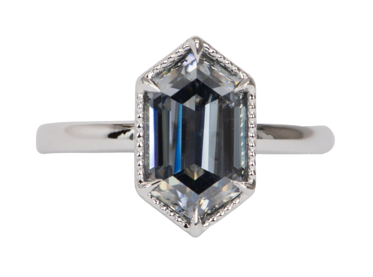 2.89ct Hexagon Gray Moissanite Solitaire Engagement Ring 14K White Gold R6520 Aurora Designer