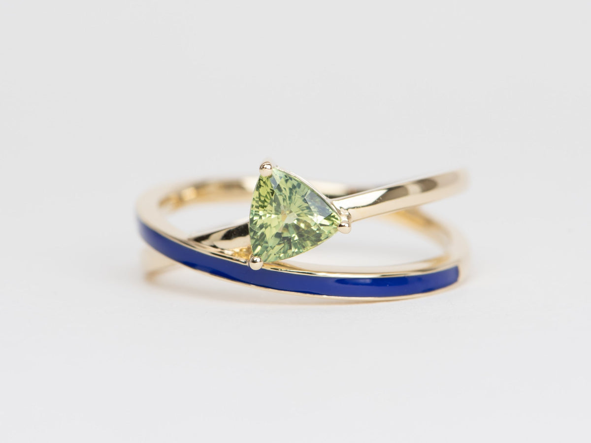 Triangle Teal Sapphire with Blue Enamel Cross Over Ring 14K Gold R6523 Aurora Designer