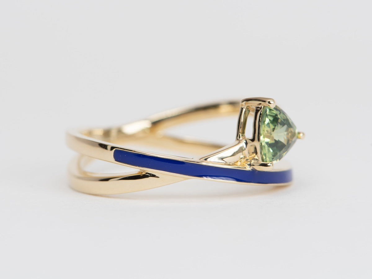 Triangle Teal Sapphire with Blue Enamel Cross Over Ring 14K Gold R6523 Aurora Designer