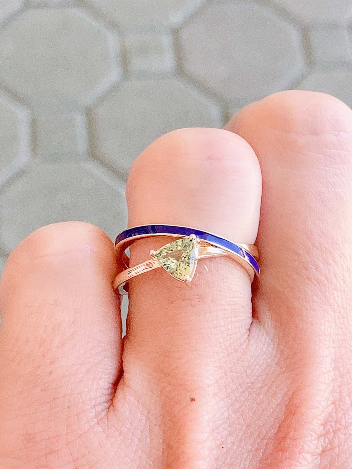 Triangle Teal Sapphire with Blue Enamel Cross Over Ring 14K Gold R6523 Aurora Designer