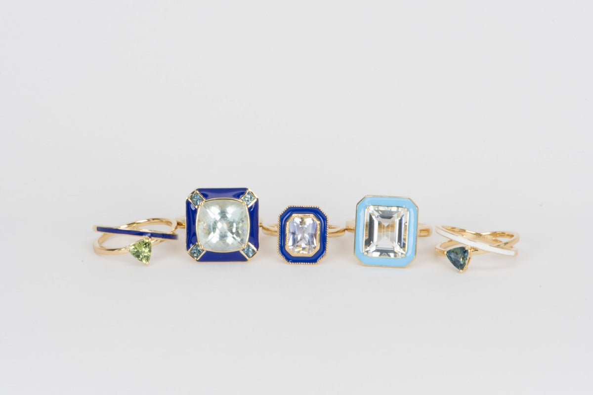 Triangle Teal Sapphire with White Enamel Cross Over Ring 14K Gold R6524 Aurora Designer