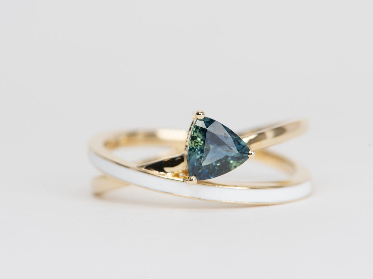 Triangle Teal Sapphire with White Enamel Cross Over Ring 14K Gold R6524 Aurora Designer