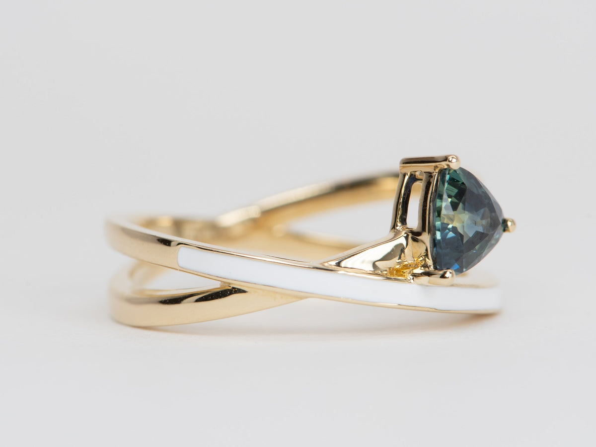 Triangle Teal Sapphire with White Enamel Cross Over Ring 14K Gold R6524 Aurora Designer