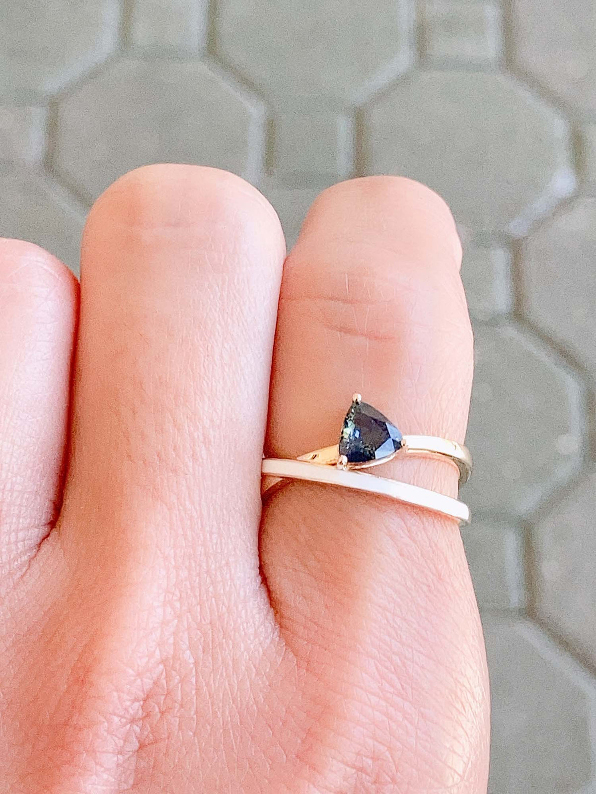 Triangle Teal Sapphire with White Enamel Cross Over Ring 14K Gold R6524 Aurora Designer