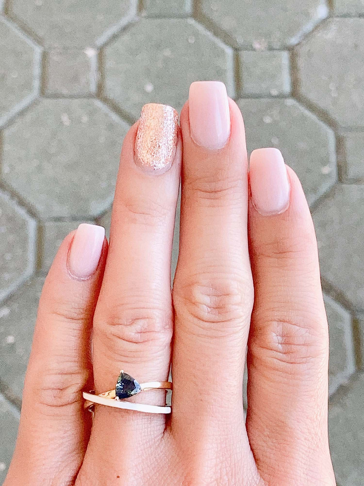 Triangle Teal Sapphire with White Enamel Cross Over Ring 14K Gold R6524 Aurora Designer