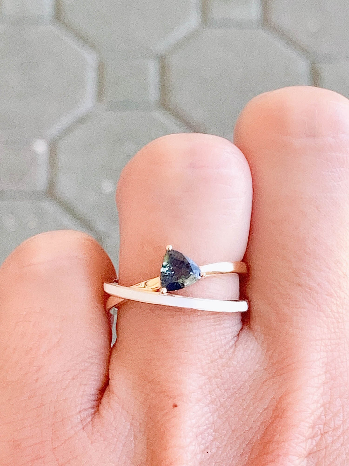 Triangle Teal Sapphire with White Enamel Cross Over Ring 14K Gold R6524 Aurora Designer