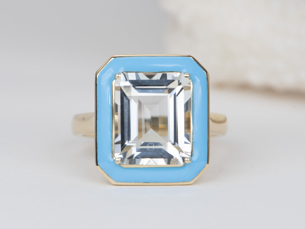 7.72ct Clear Topaz Statement Ring with Turquoise Enamel Halo 9K Gold R6529 Aurora Designer