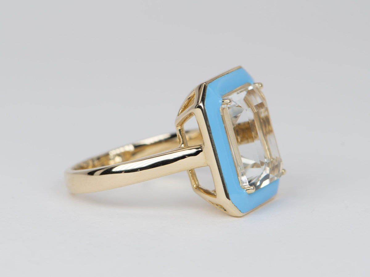 7.72ct Clear Topaz Statement Ring with Turquoise Enamel Halo 9K Gold R6529 Aurora Designer