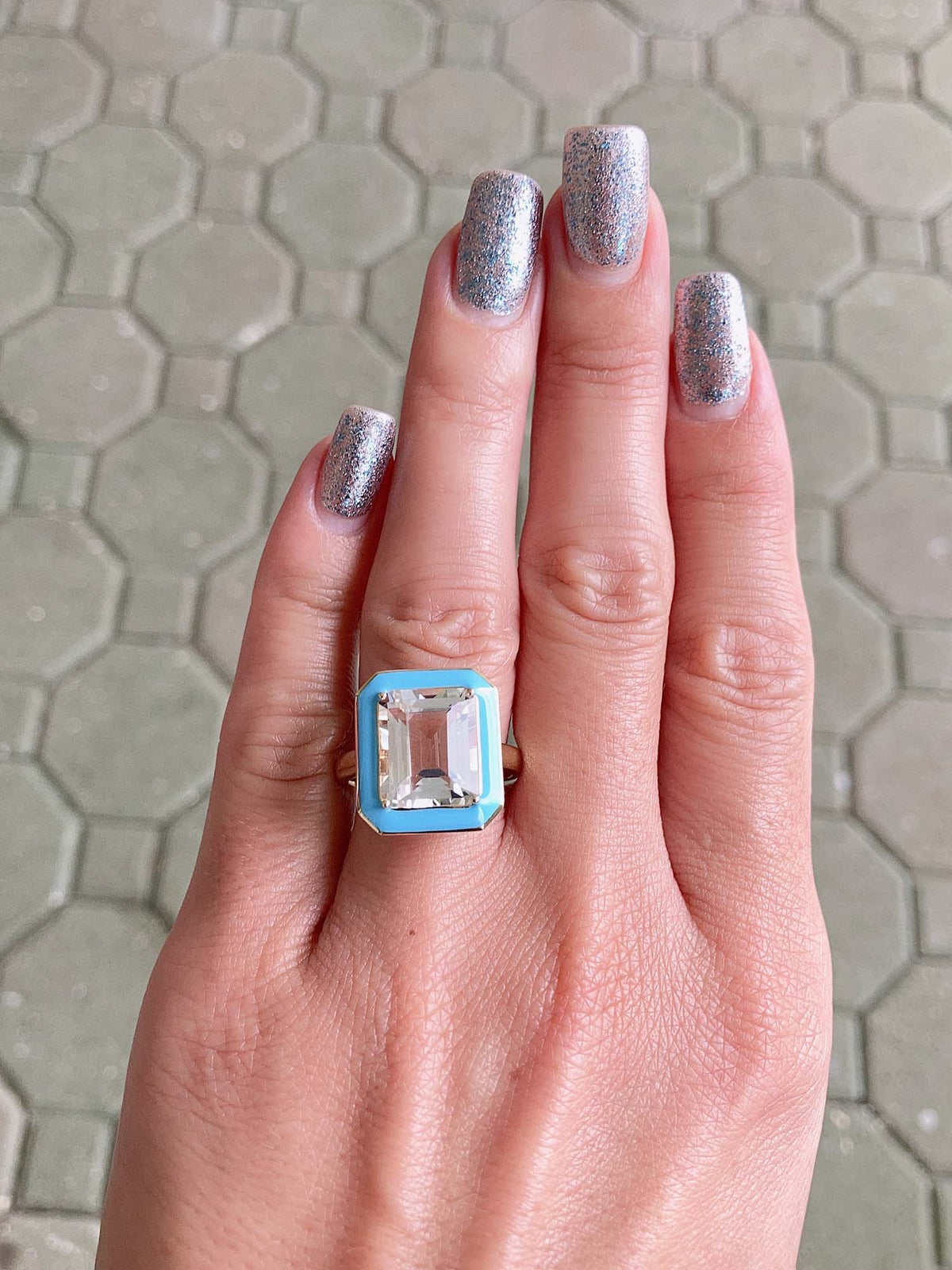 7.72ct Clear Topaz Statement Ring with Turquoise Enamel Halo 9K Gold R6529 Aurora Designer