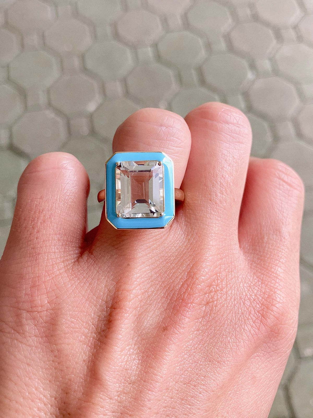 7.72ct Clear Topaz Statement Ring with Turquoise Enamel Halo 9K Gold R6529 Aurora Designer