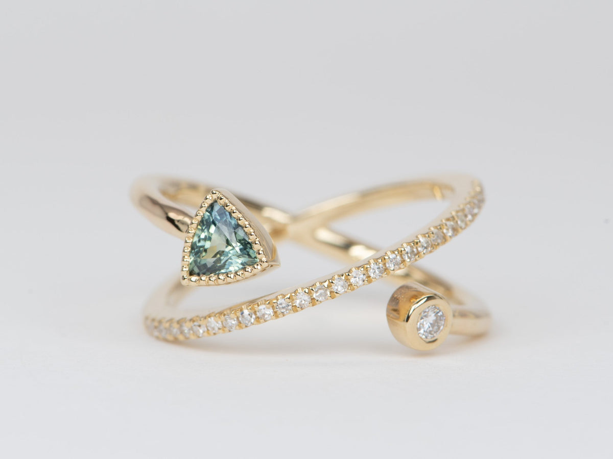 Teal Sapphire and Diamond Cross Over Cage Ring 14K Gold R6530 Aurora Designer
