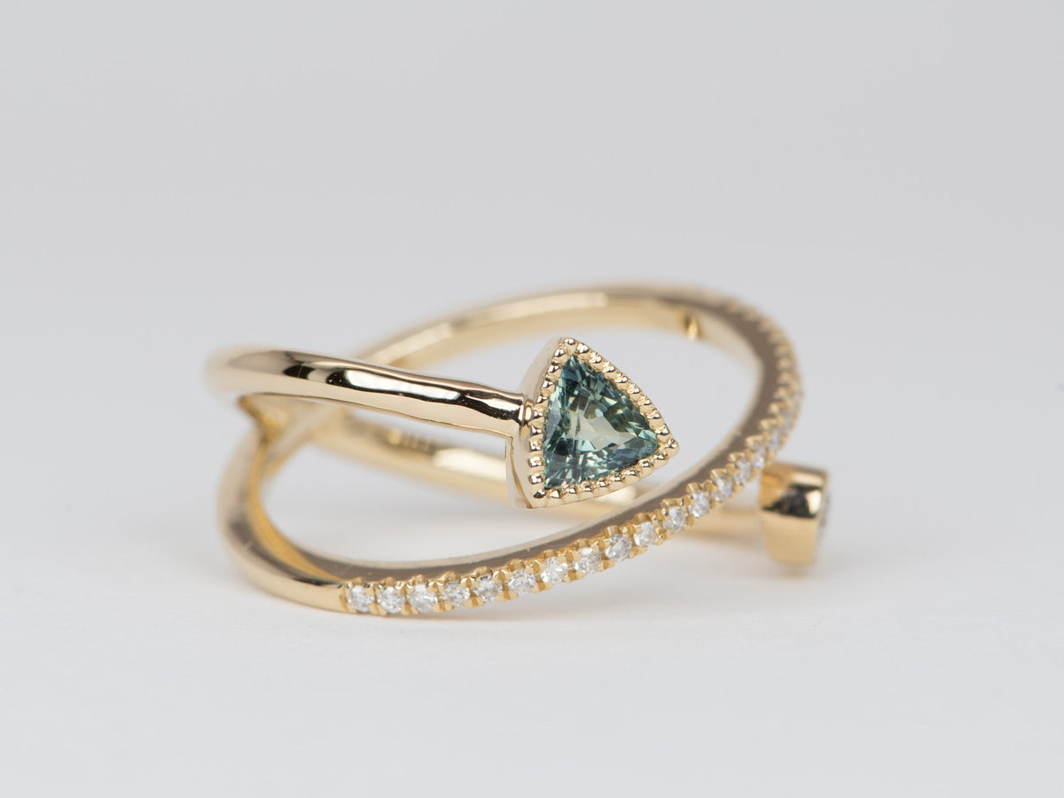 Teal Sapphire and Diamond Cross Over Cage Ring 14K Gold R6530 Aurora Designer