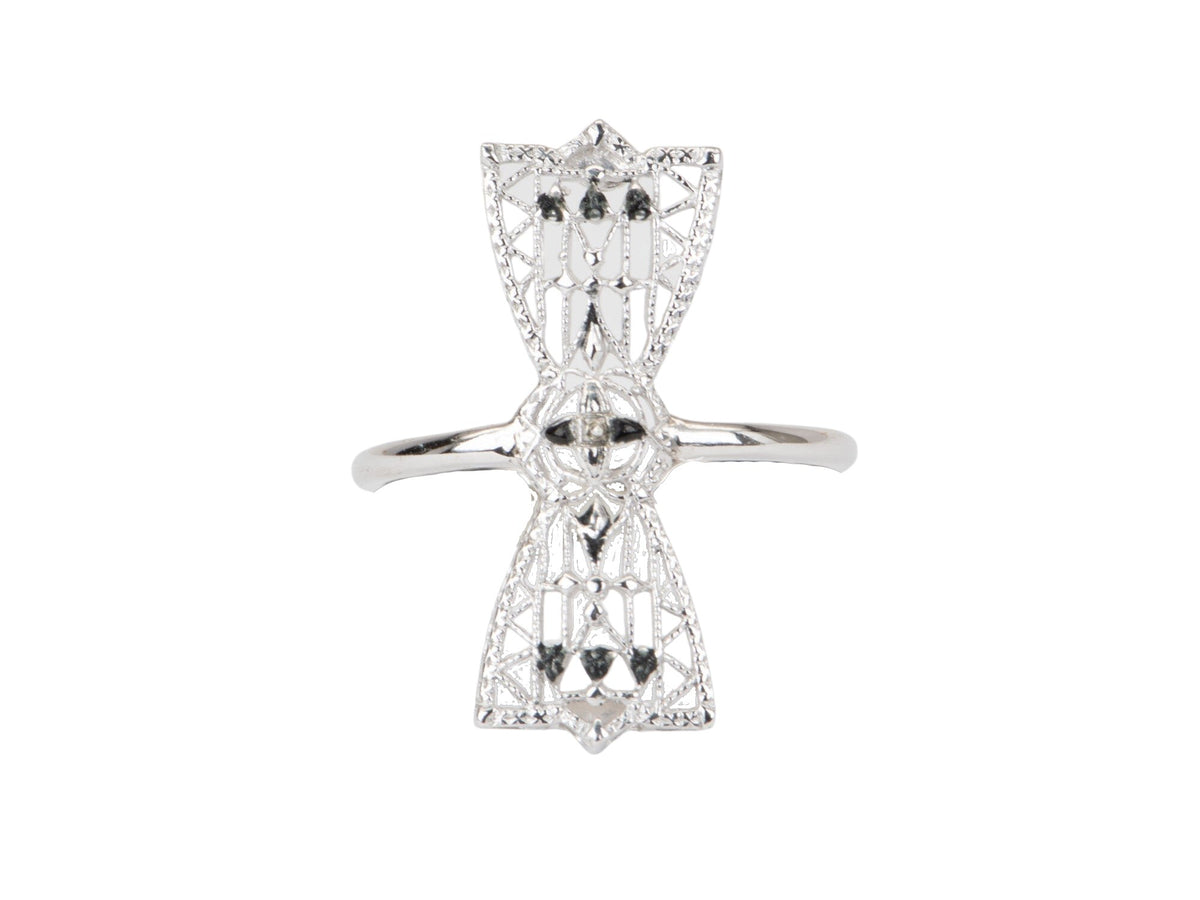 Vintage Filigree Bow Pin Converted to Navette Ring 14K White Gold R6546 Aurora Designer