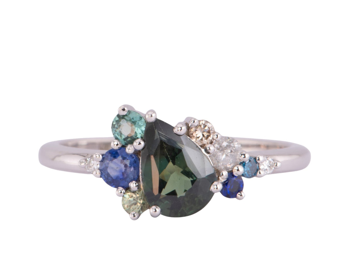 1.07ct Nigerian Teal Sapphire Diamond Cluster Engagement Ring 14K White Gold R6606 Aurora Designer