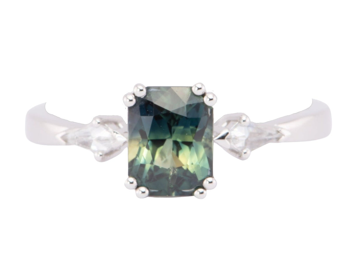 1.48ct Teal Sapphire with Kite Diamonds Engagement Ring 14K White Gold R6615 Aurora Designer