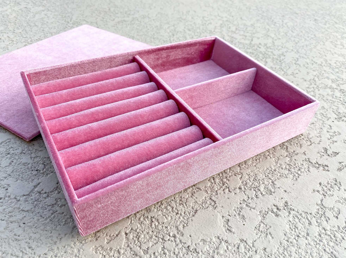 Large Multiple Ring Compartment Luxurious Velvet Jewelry Ring Box Tray Display Case Birthday Gift for Her Multi Row Rings Berry Pink RB006 Aurora Designer