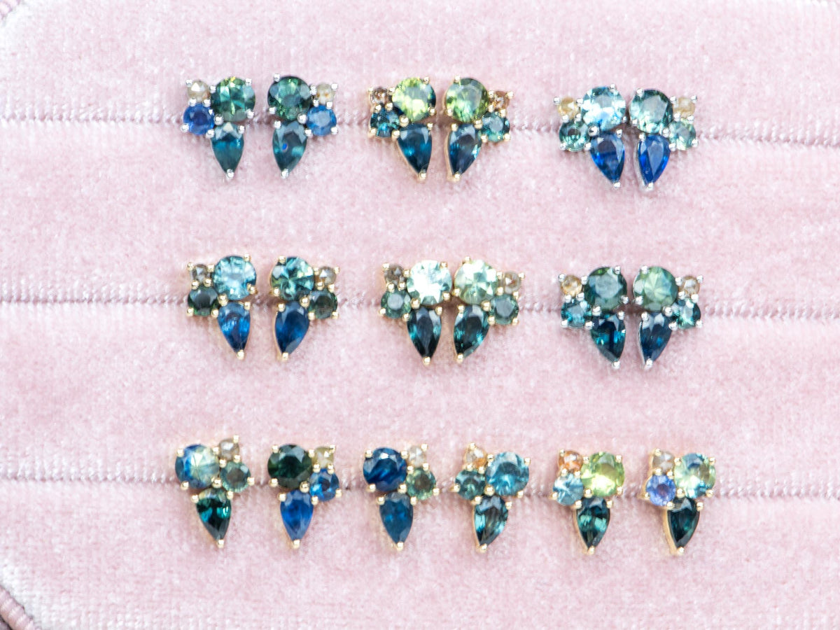 Teal Blue Sapphire Diamond Cluster Earrings 14K Gold AD2135 Aurora Designer