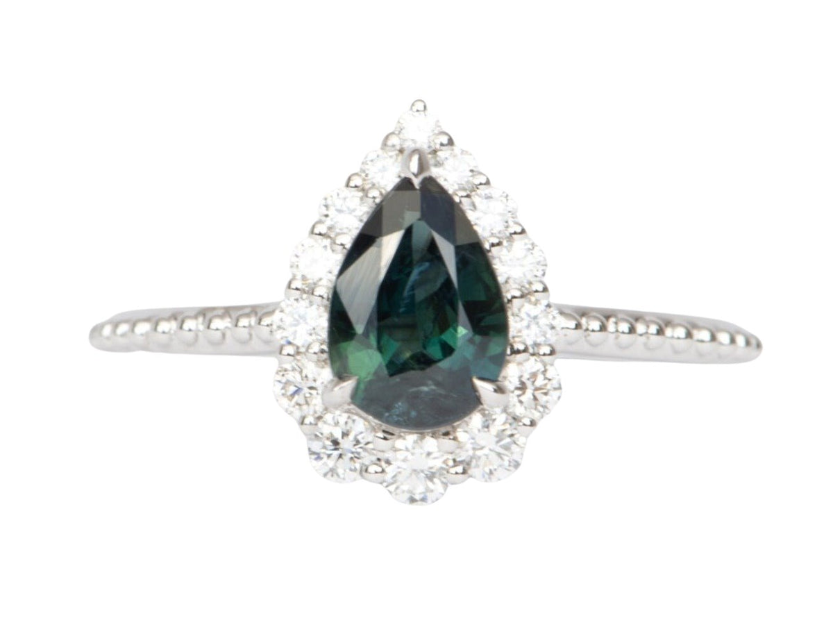 1.14ct Teal Blue Nigerian Sapphire with Diamond Halo 14K White Gold Engagement Ring R6475 Aurora Designer