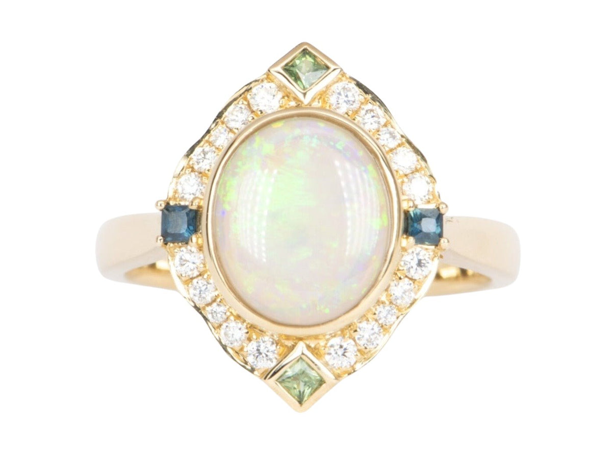 1.31ct Solid Australian Opal with Diamond and Sapphire Halo 14K Gold Engagement Ring R6473 Aurora Designer