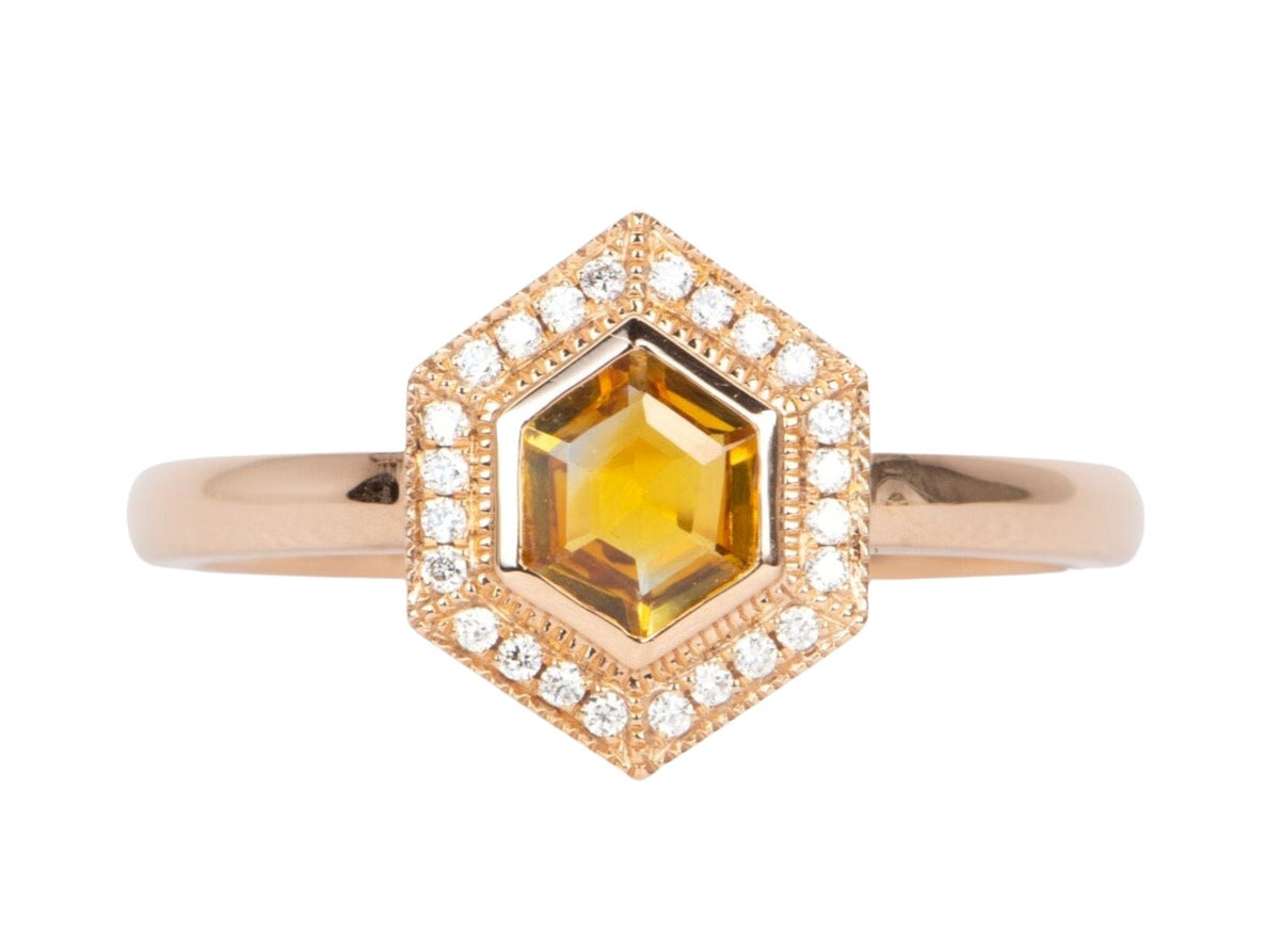 Bi-Color Hexagon Montana Sapphire with Diamond Halo 14K Rose GoldEngagement Ring R6472 Aurora Designer