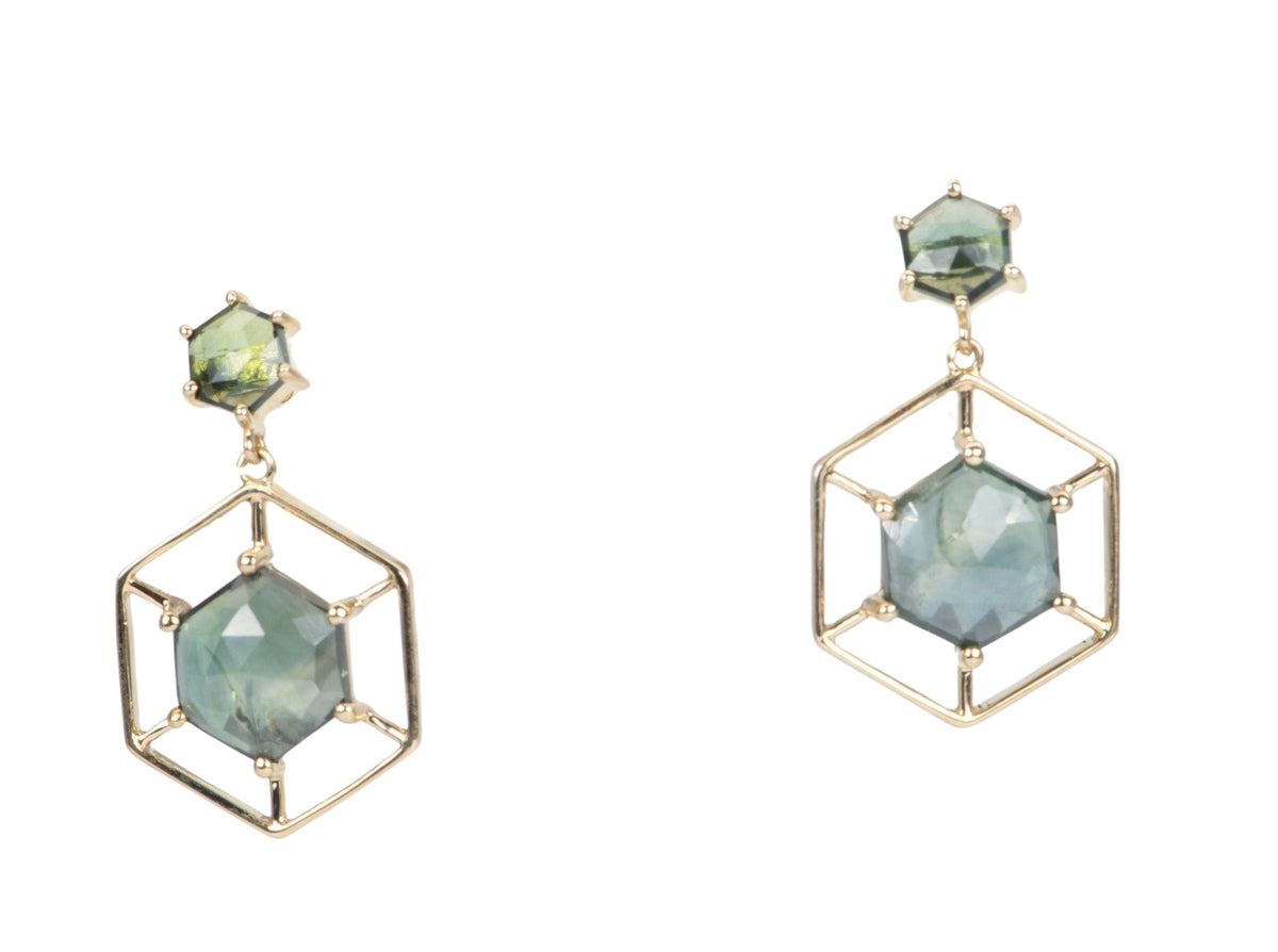 3.49ctw Rose Cut Hexagon Madagascar Sapphire Dangle Earrings 9K Gold R3099 Aurora Designer