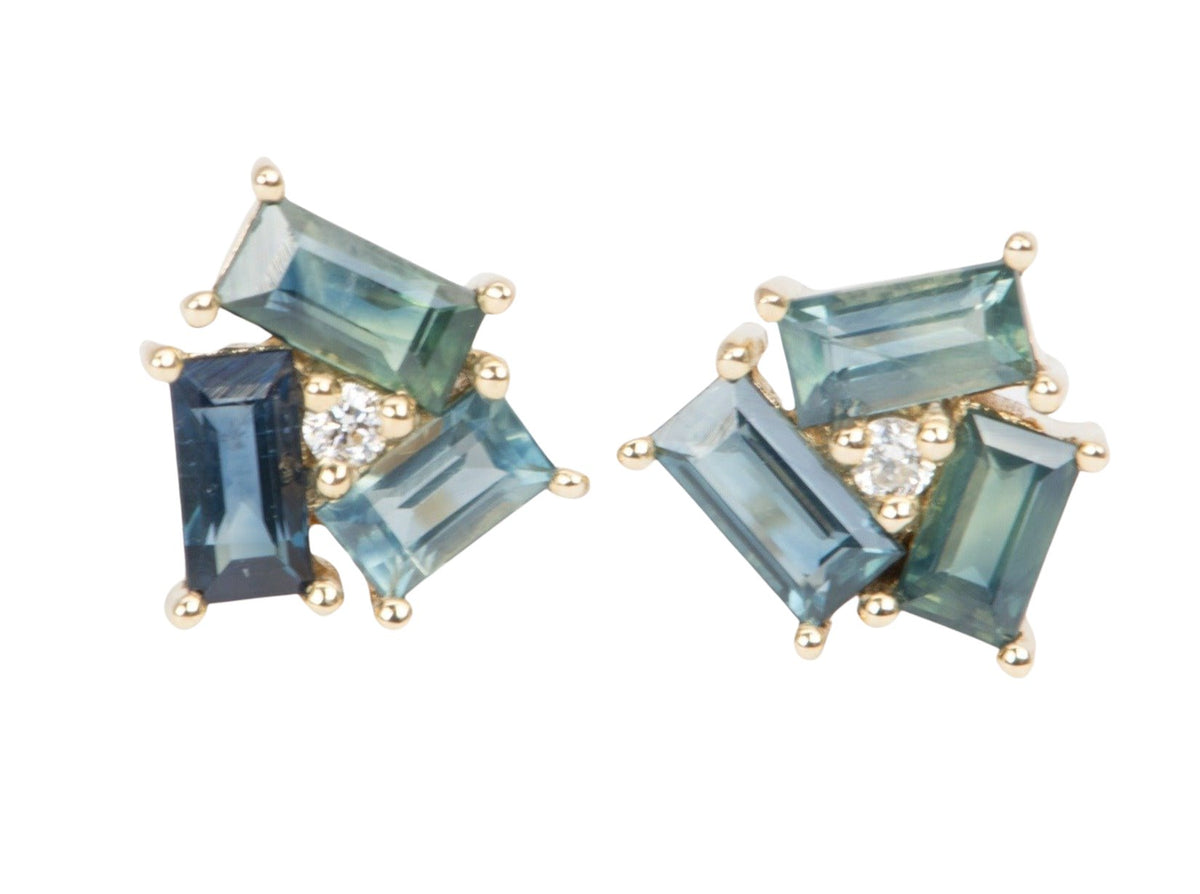Baguette Teal Blue Sapphire and Diamond Earrings 14K Gold R3101 Aurora Designer