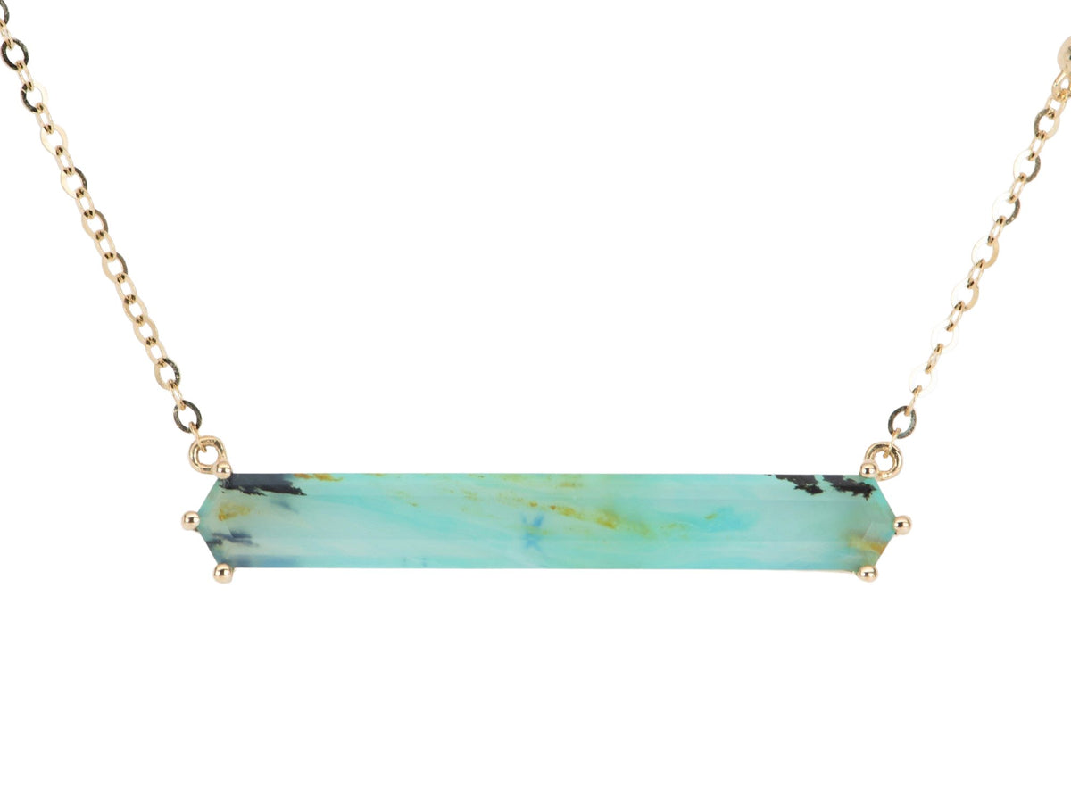 3.07ct Elongated Hexagon Peruvian Blue Opal Necklace 14K Gold R4397 Aurora Designer