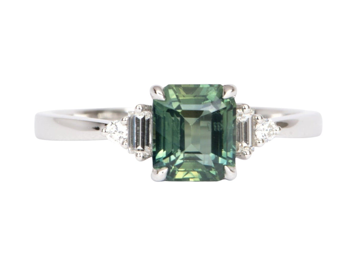 1.69ct Teal Sapphire with Baguette Diamond Sides 14K White Gold Engagement Ring R6469 Aurora Designer