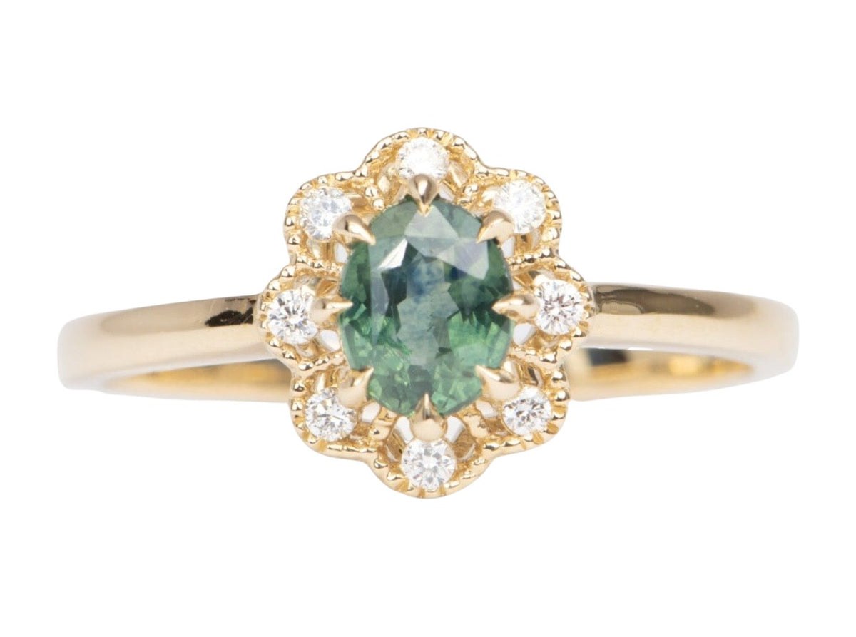 Forrest Green Montana Sapphire with Diamond Halo 14K Gold Engagement Ring R6464 Aurora Designer