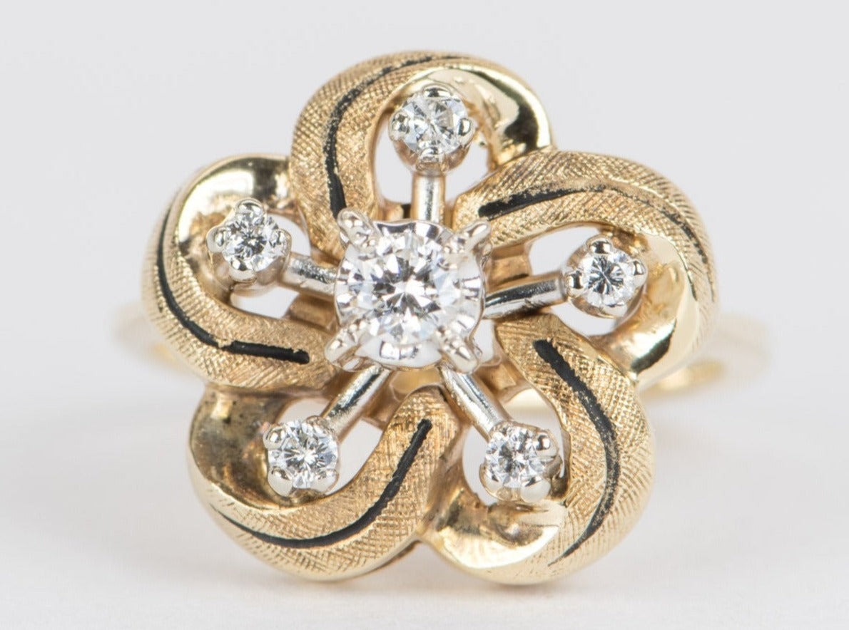 Vintage Floral Style Diamond and Enamel Engagement Ring 14K Gold V1077 Aurora Designer