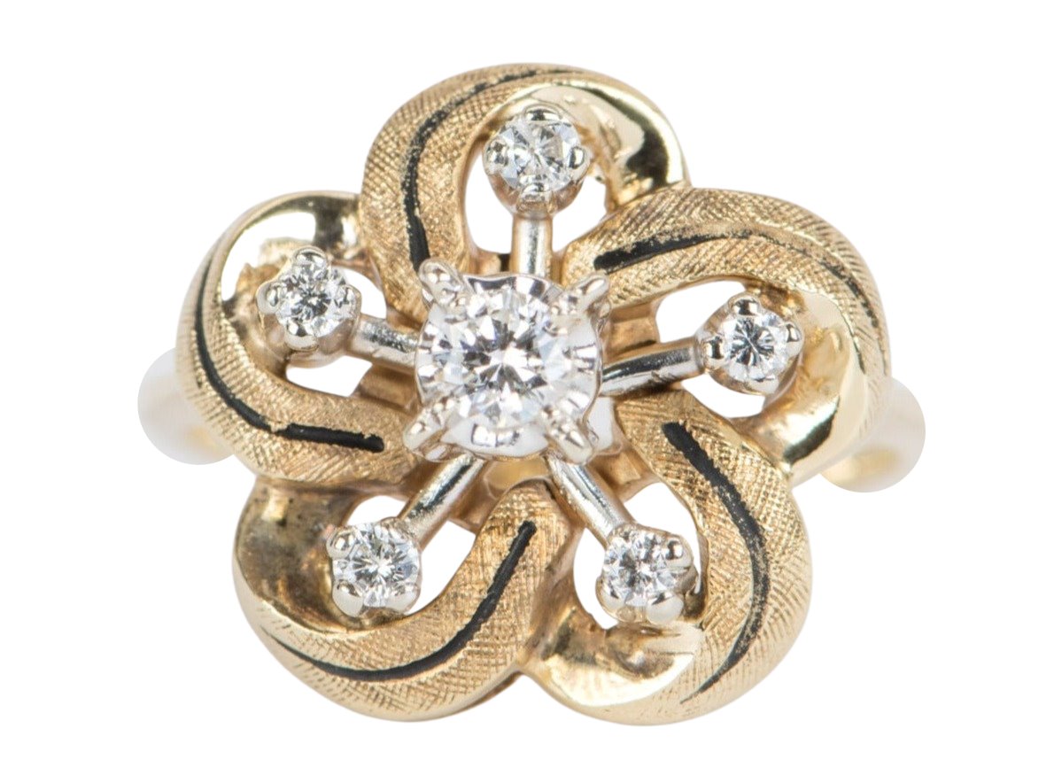 Vintage Floral Style Diamond and Enamel Engagement Ring 14K Gold V1077 Aurora Designer