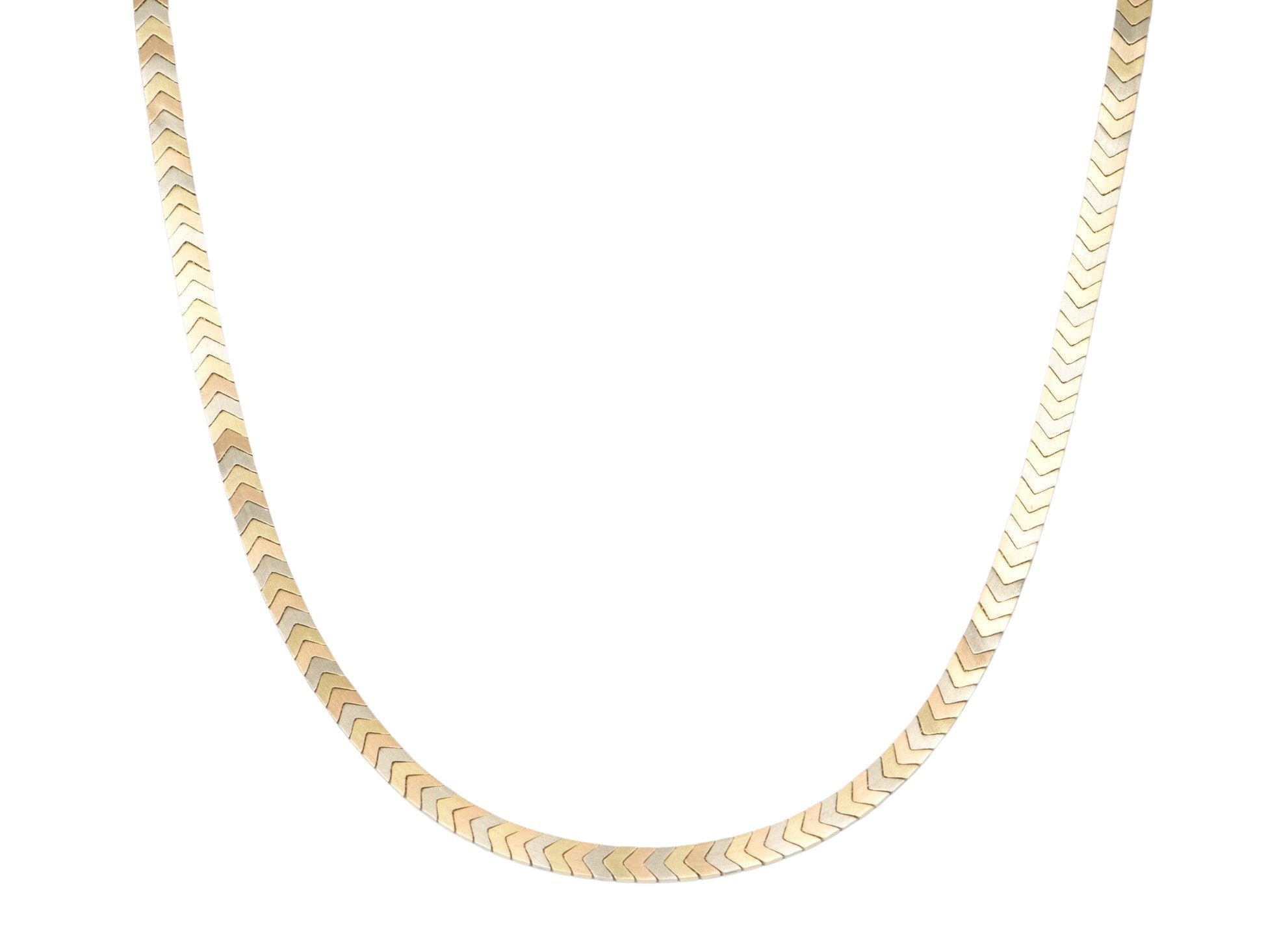 14K Gold Tri Color Chevron Design Omega Necklace 24.6g V1080