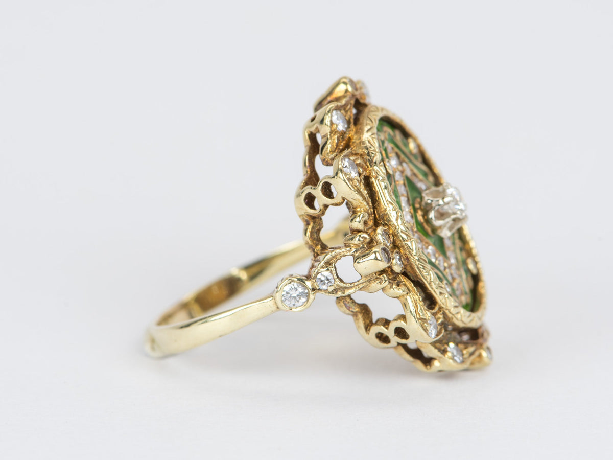 Antique Art Nouveau Green Enamel Cocktail Ring with Diamond 14K Gold 9g V1081 Aurora Designer