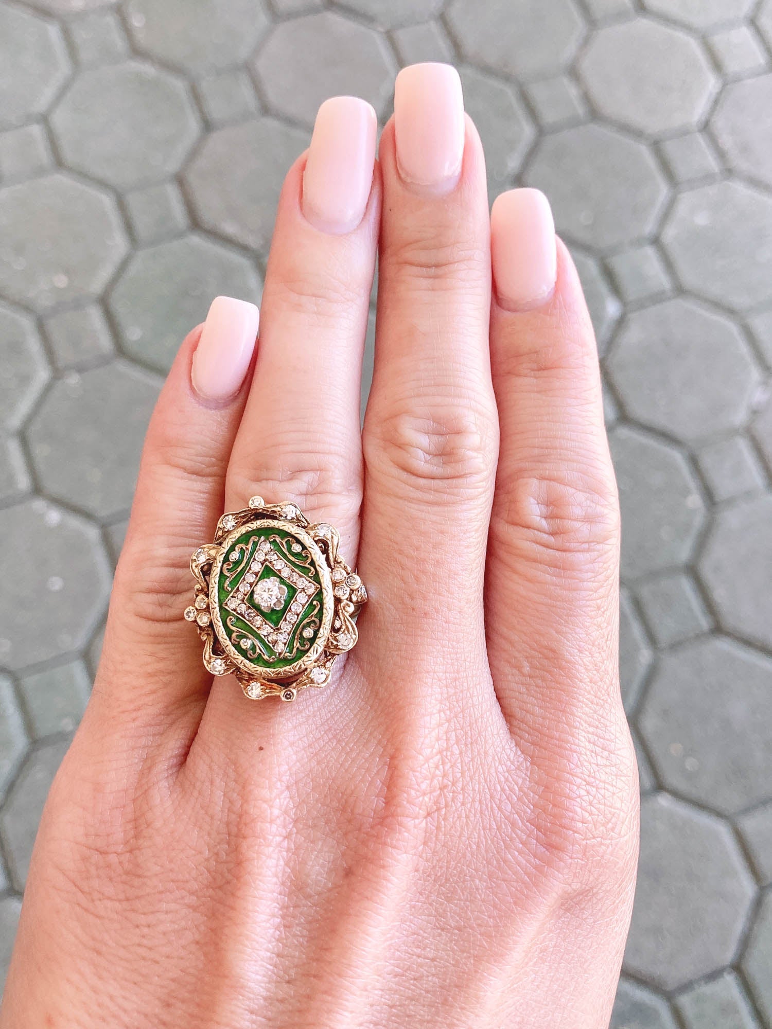 Antique Art Nouveau Green Enamel Cocktail Ring with Diamond