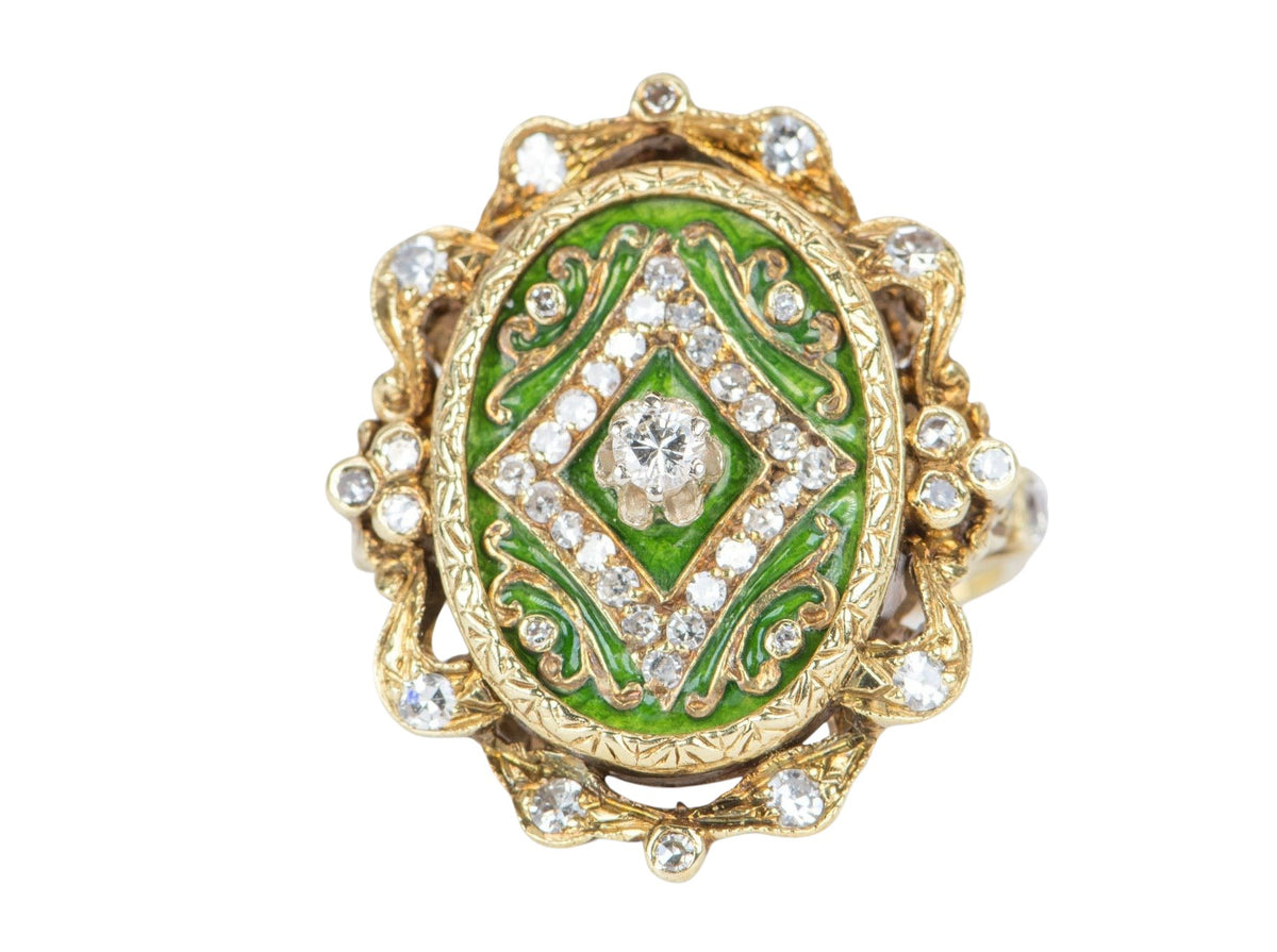 Antique Art Nouveau Green Enamel Cocktail Ring with Diamond 14K Gold 9g V1081 Aurora Designer