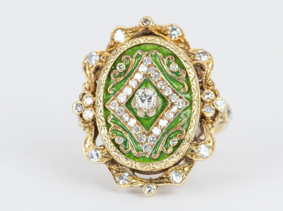 Antique Art Nouveau Green Enamel Cocktail Ring with Diamond 14K Gold 9g V1081 Aurora Designer