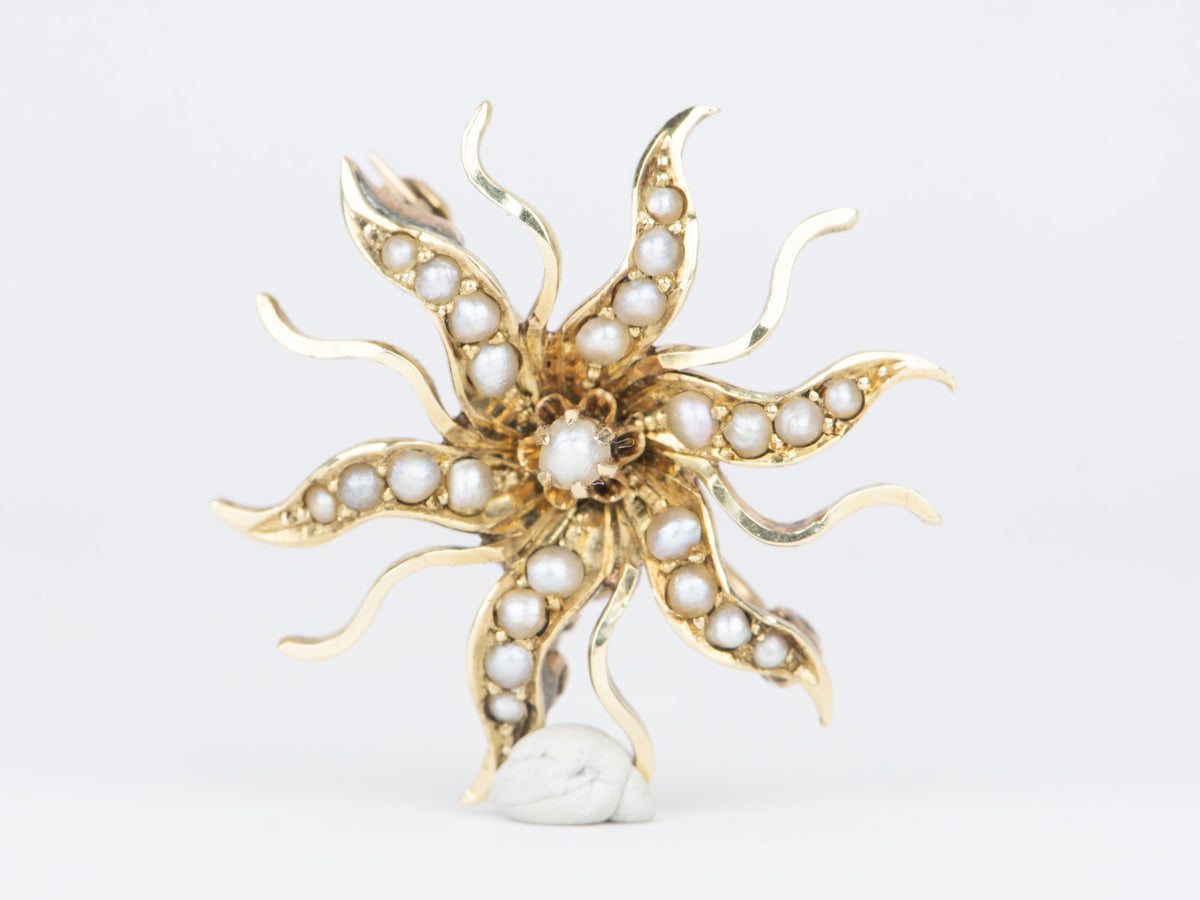 14K Gold Antique Victorian Seed Pearl Sunburst Brooch Pendant V1086 Aurora Designer