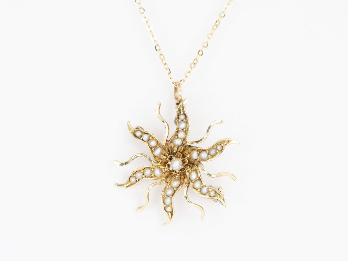 14K Gold Antique Victorian Seed Pearl Sunburst Brooch Pendant V1086 Aurora Designer