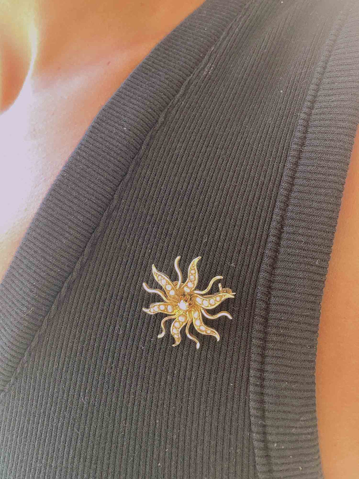 14K Gold Antique Victorian Seed Pearl Sunburst Brooch Pendant V1086 Aurora Designer