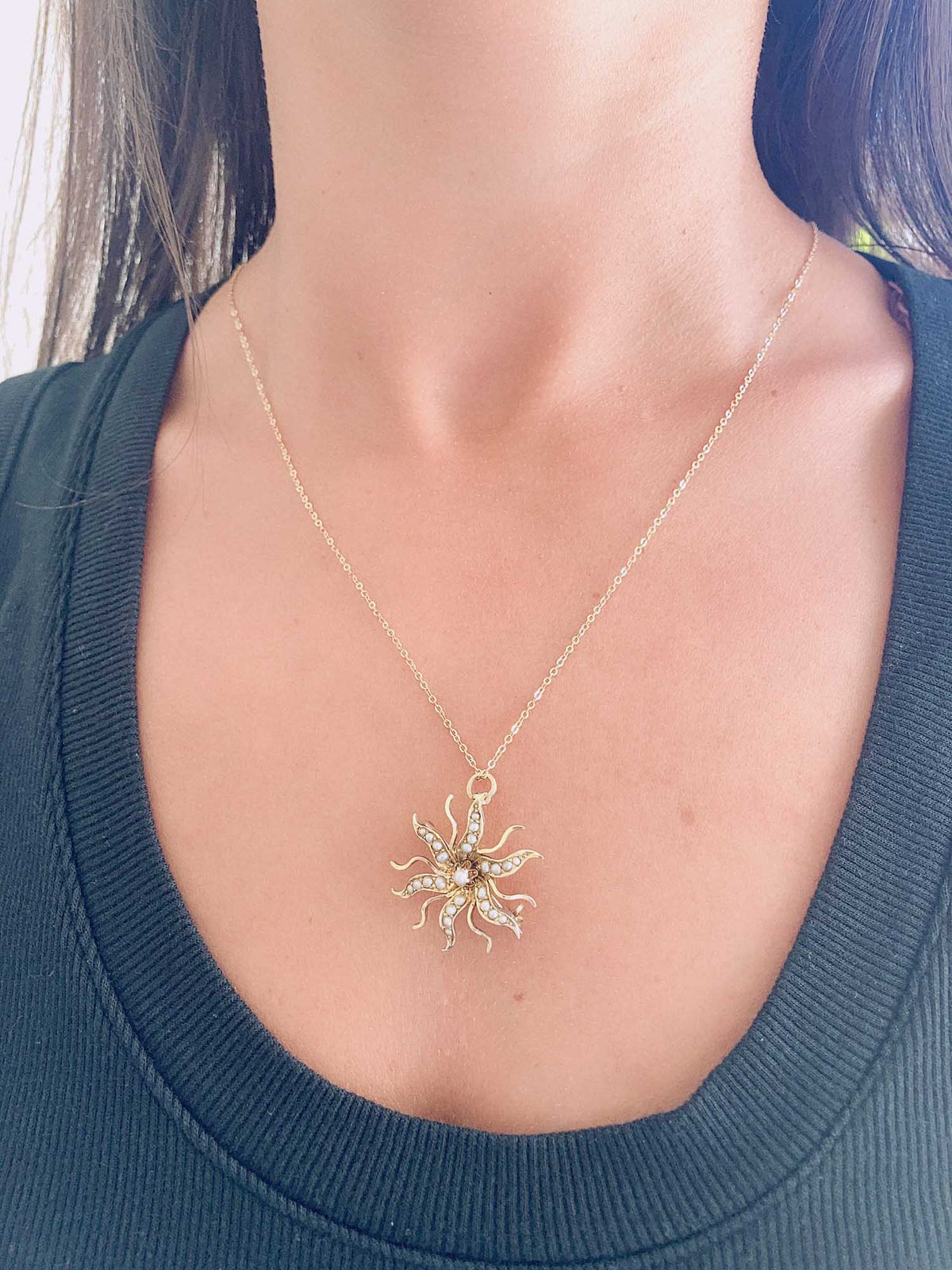 14K Gold Antique Victorian Seed Pearl Sunburst Brooch Pendant V1086 Aurora Designer